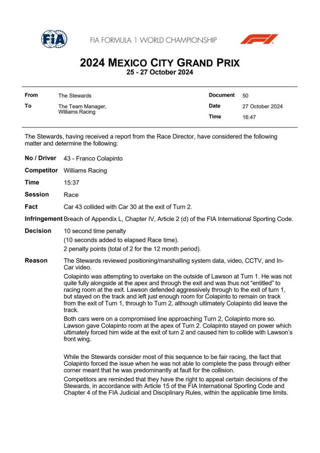 Imagen El documento de la FIA que explica el castigo al argentino.