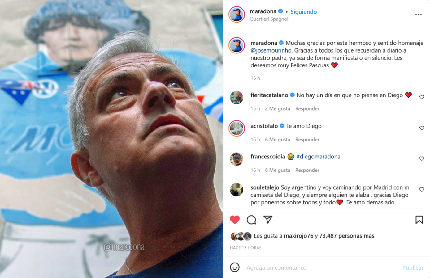 Imagen El instagram de Maradona y el posteo en agradecimiento a Mourinho