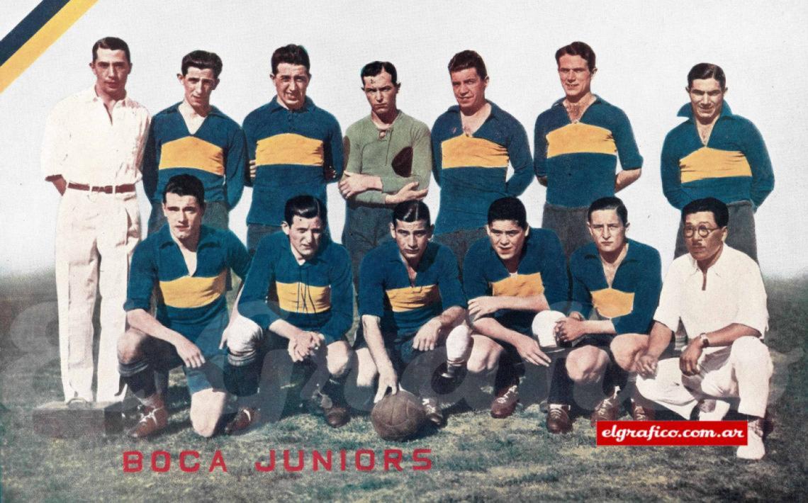 Imagen Boca 1931. Arriba: J. Evaristo, Bidoglio, Fosatti, Mutis, Silenzi y Suárez.. Agachados: Nardini, Tarasconi, Varallo, Cherro y Alberino.