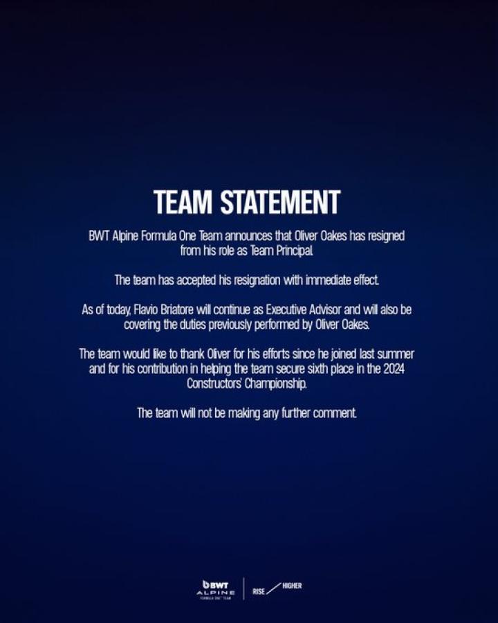 Imagen El anuncio de Alpine de la renuncia del jefe de equipo, Oliver Oakes.