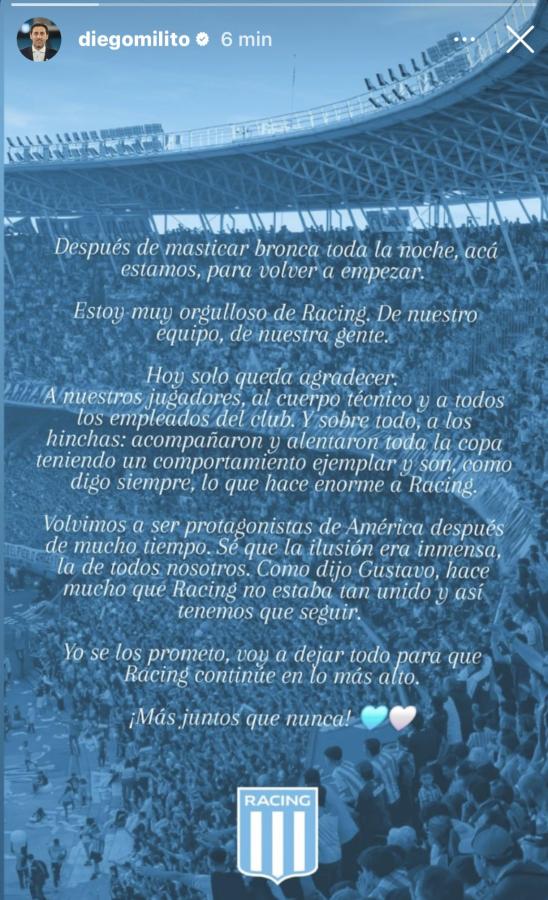 Imagen La historia subida por Milito a su cuenta de Instagram.