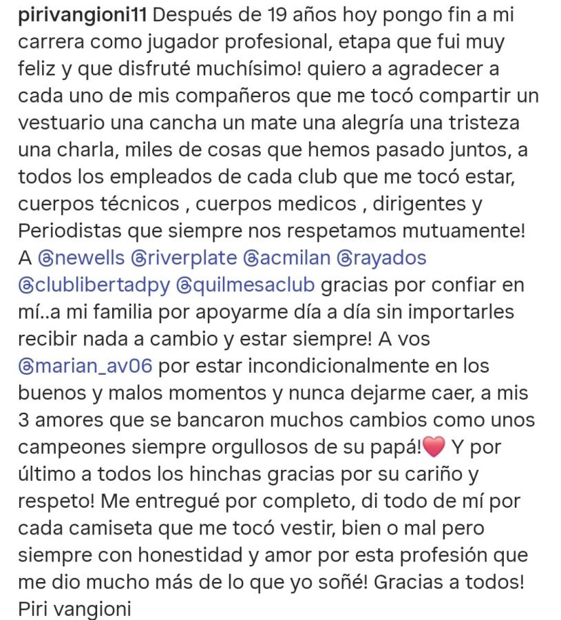 Imagen El posteo del Piri Vangioni sobre su retiro