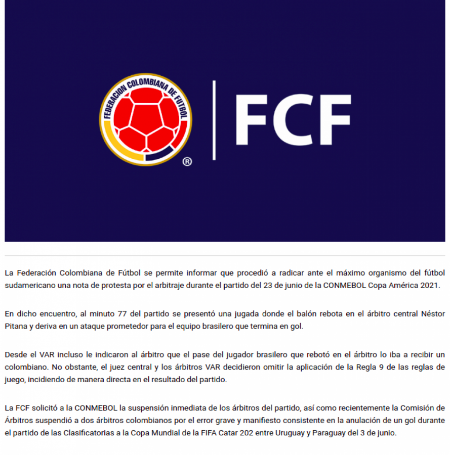 Imagen El comunicado de la Federación colombiana