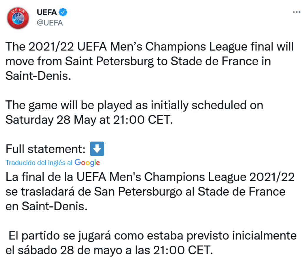 Imagen UEFA confirma la nueva sede de la final de La Champions League.