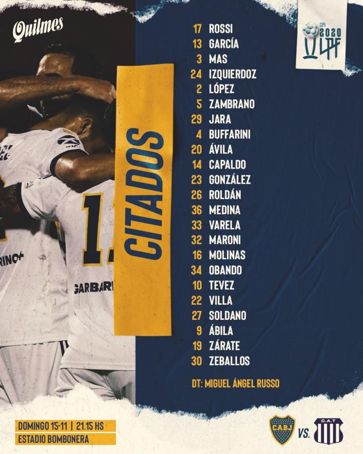Imagen Lista de convocados de Boca para recibir mañana a Talleres. Fuente: @BocaJuniors
