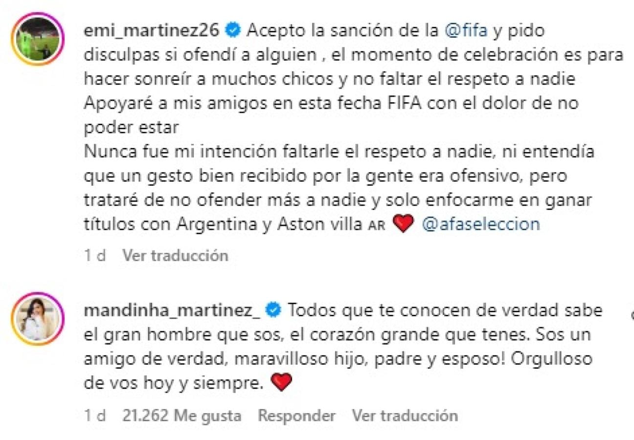 Imagen El posteo del Dibu tras conocerse la sanción y la defensa de su esposa.