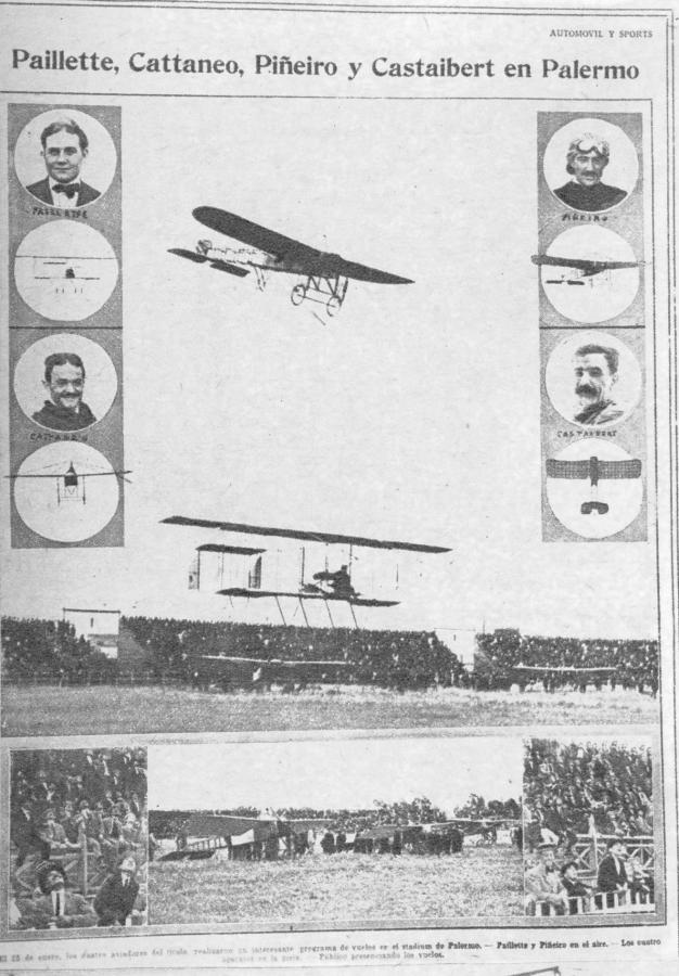 Imagen El 25 de enero de 1914 se había realizado en Palermo un programa de vuelos, con Paillette, Cattaneo, Piñeiro y Castaibert. "Automóvil y Sports" publicó esta nota. 