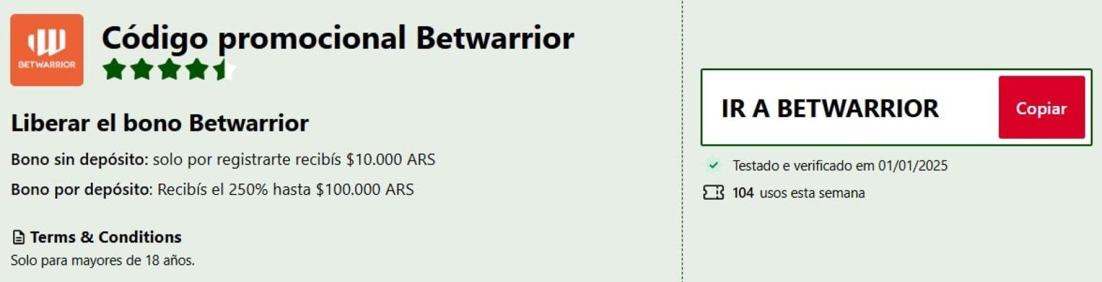 Imagen codigo promocional betwarrior para Argentina