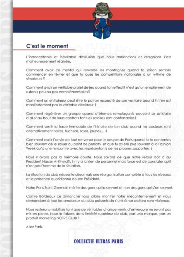Imagen El comunicado del CUP pidiendo la salida de Al Khelaifi y la junta directiva del PSG