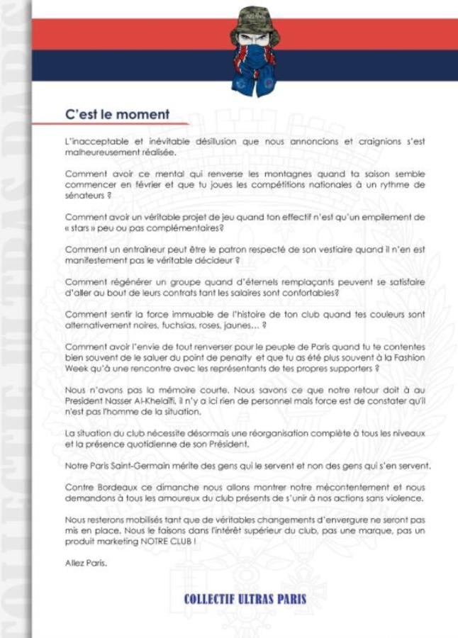 Imagen El comunicado del CUP pidiendo la salida de Al Khelaifi y la junta directiva del PSG