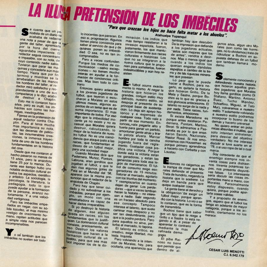 Imagen Cesar Luis Menotti: "La ilusa pretensión de los imbéciles", del 29 de enero de 1985