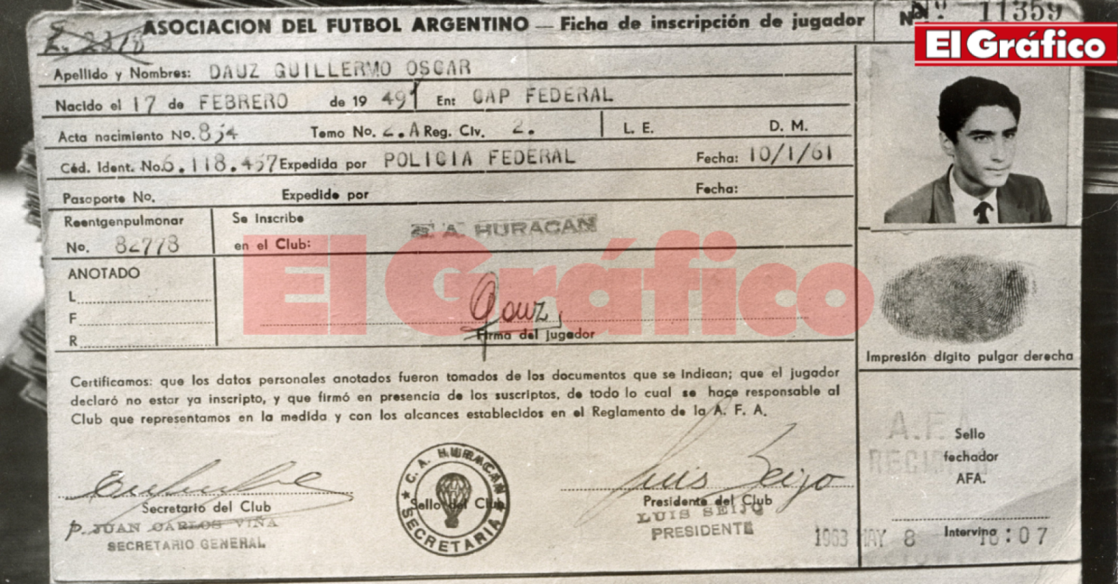 Imagen La ficha de inscripción como futbolista de Guillermo Dauz
