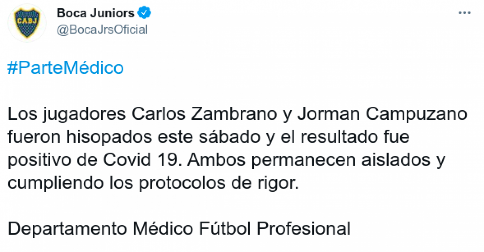 Imagen El comunicado del departamento médico de Boca Juniors.