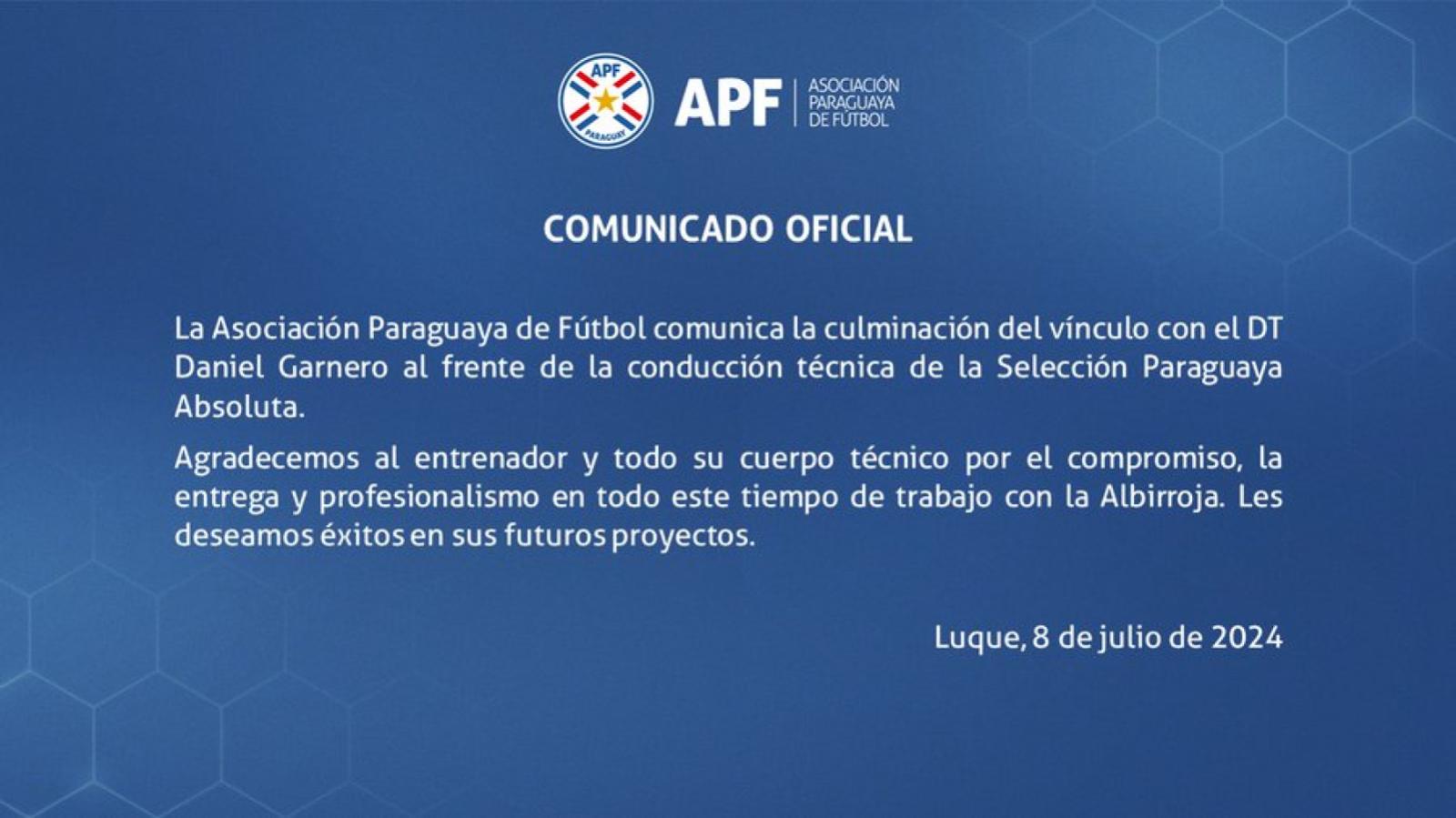 Imagen La Federación Paraguaya anunció la salida de Daniel Garnero.