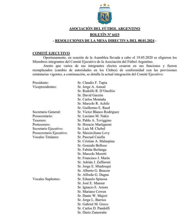 Imagen El boletín con las novedades en el Comité Ejecutivo de la AFA.