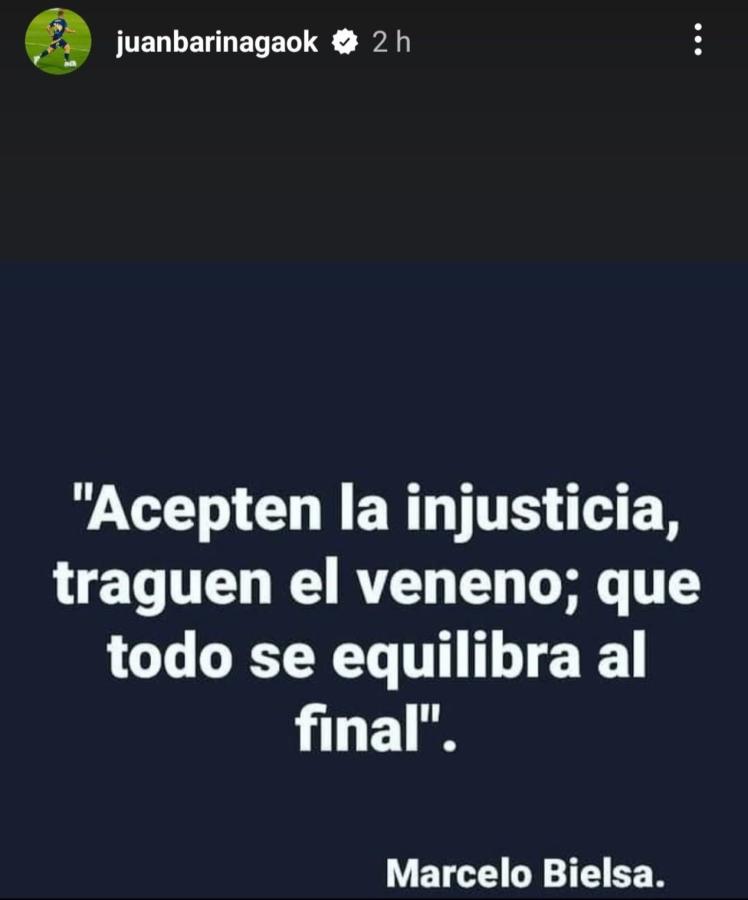 Imagen El posteo de Juan Barinaga tras quedar afuera del duelo con Tigre.