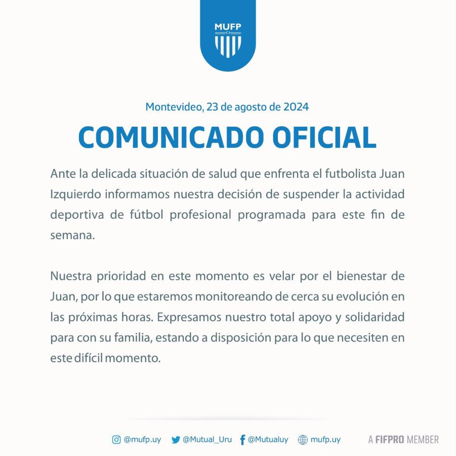 Imagen El comunicado de la mutual de futbolistas de Uruguay.