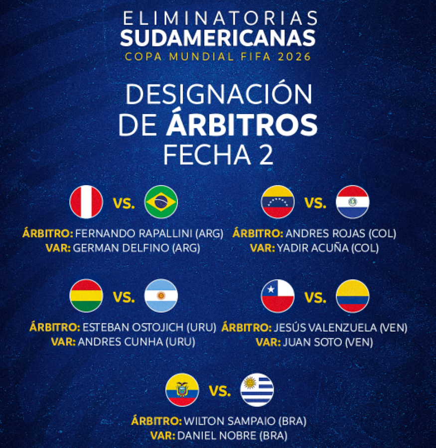 Imagen Los árbitros de la fecha 2 de Eliminatorias Sudamericanas.
