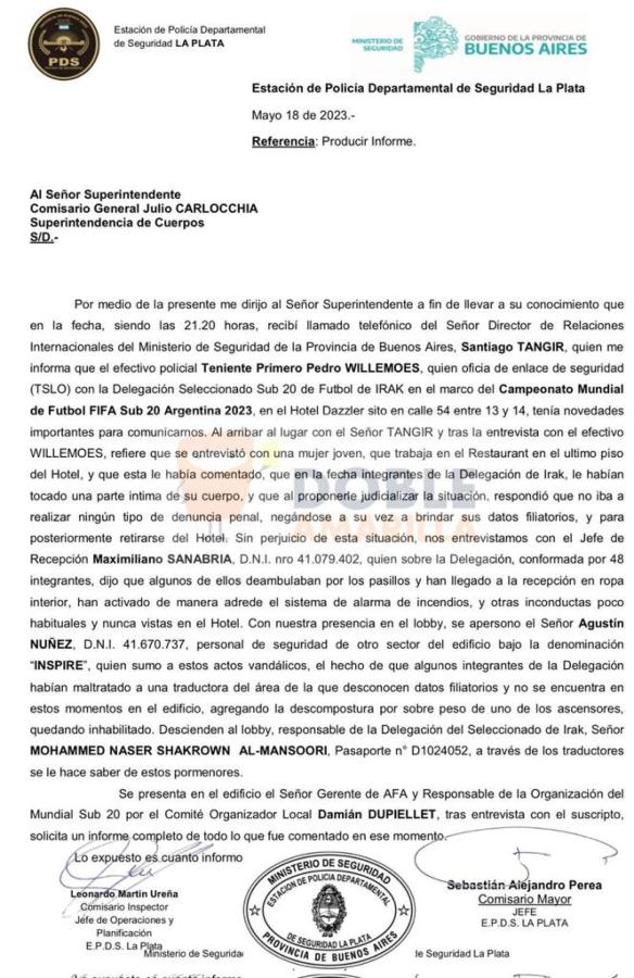 Imagen El acta donde figuran los hechos ocurridos. Gentileza @diegoruscitti