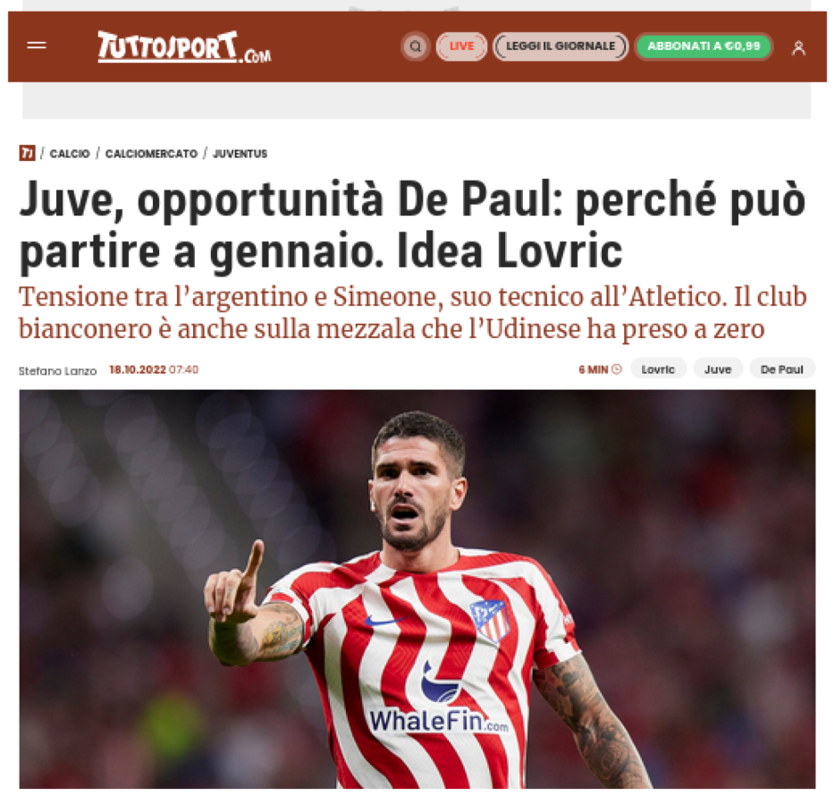 Imagen Rodrigo De Paul en la mira de la Juve.