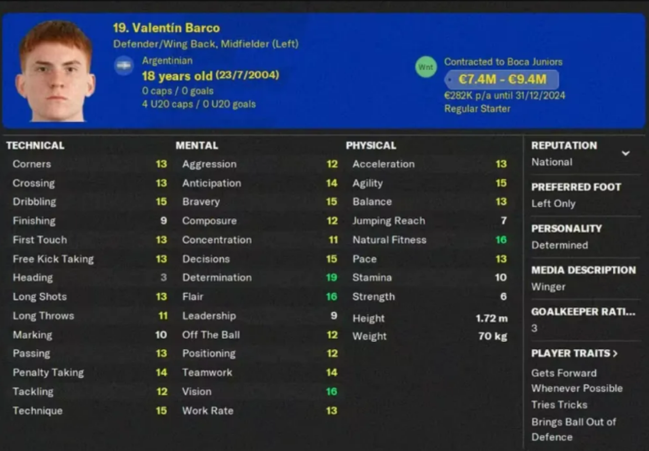 Imagen Valentín Barco en el Football Manager.