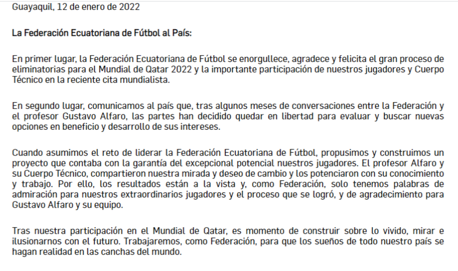 Imagen El Comunicado de la Federación Ecuatoriana de Fútbol