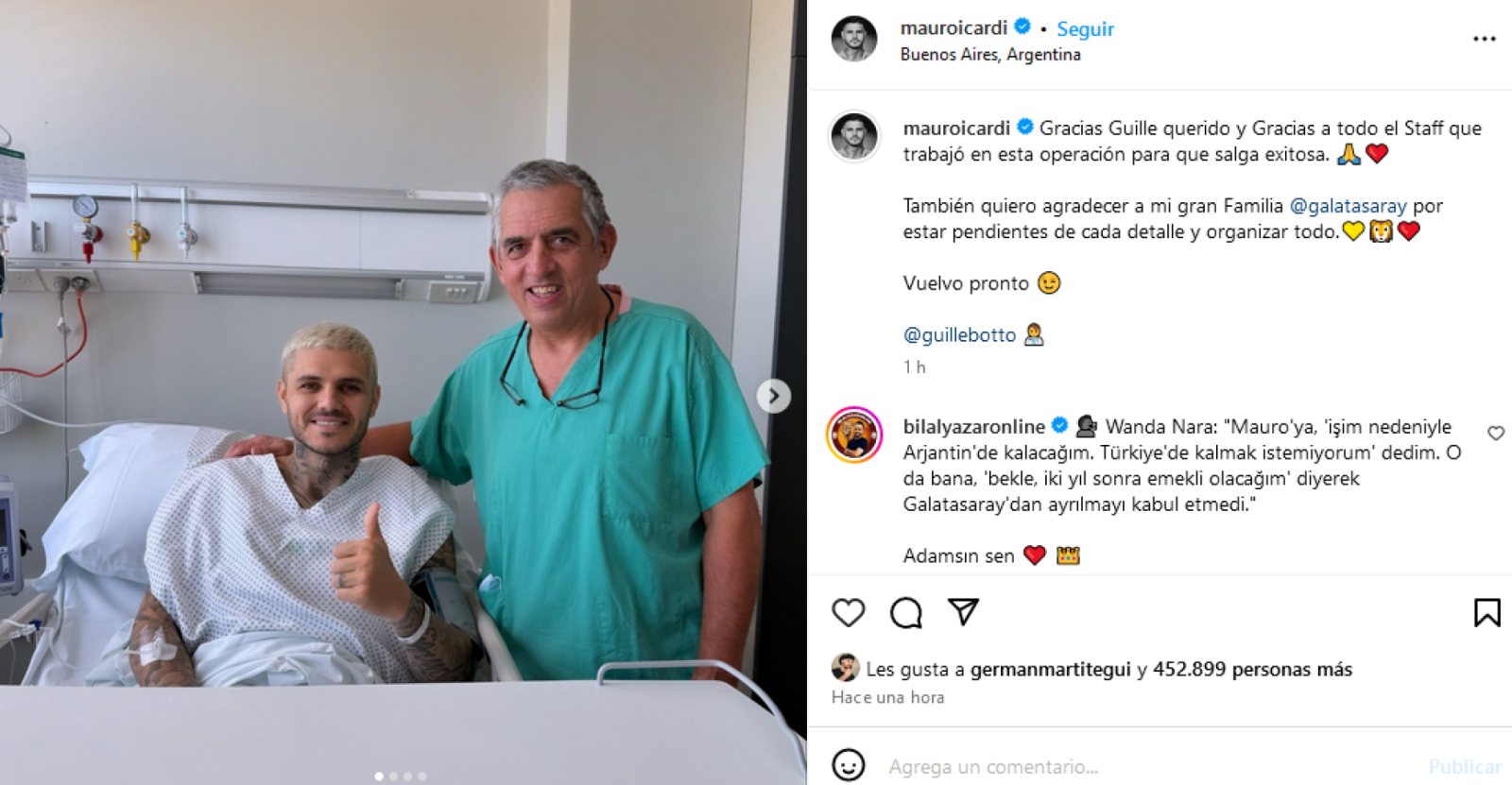 Imagen El posteo de Mauro Icardi tras la operación de su rodilla.