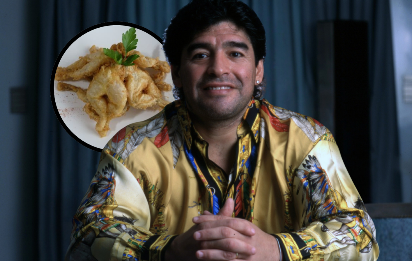Imagen de Maradona: ranas fritas en Devoto vestido de Versace