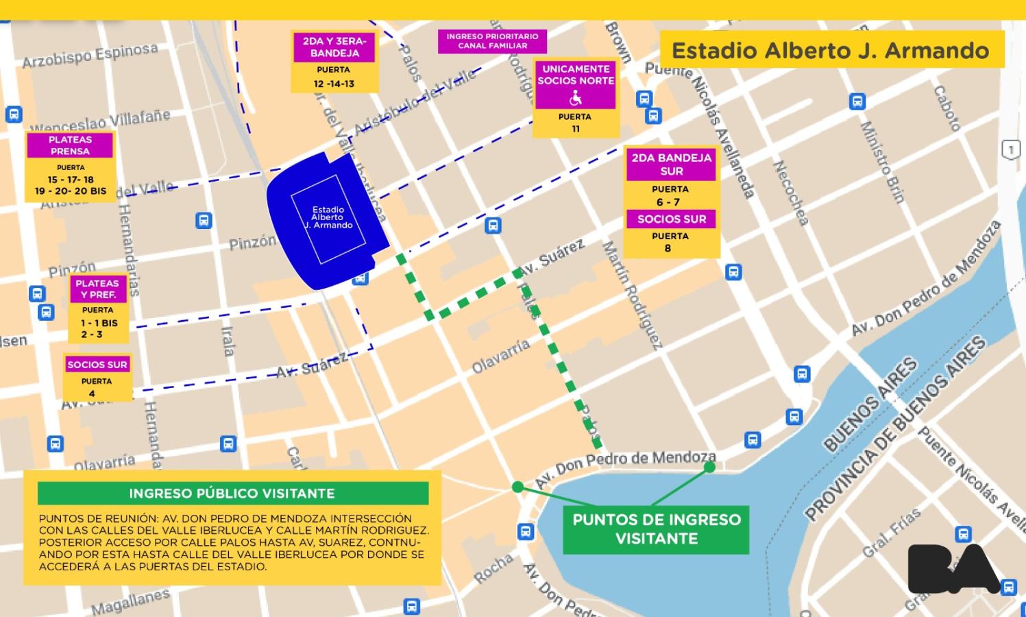 Imagen El mapa de accesos al estadio de Boca para el partido entre Argentina y Uruguay.