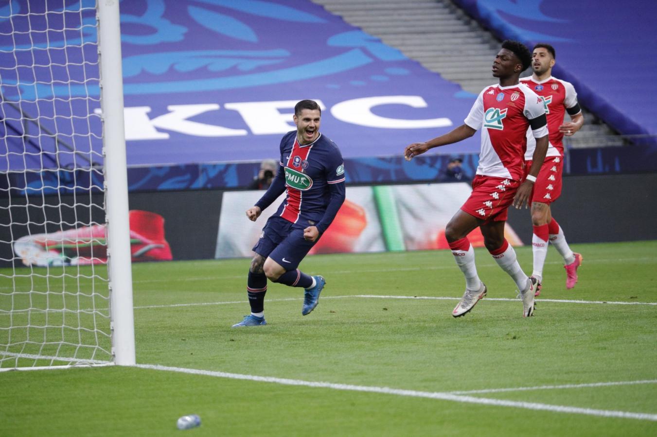 Imagen Mauro Icardi y la cara llena de gol tras recibir de Mbappé y abrir la cuenta.