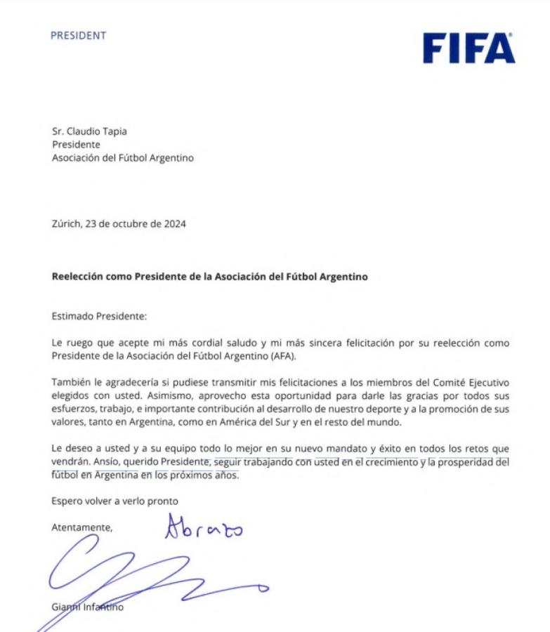 Imagen La carta de Infantino para Tapia.
