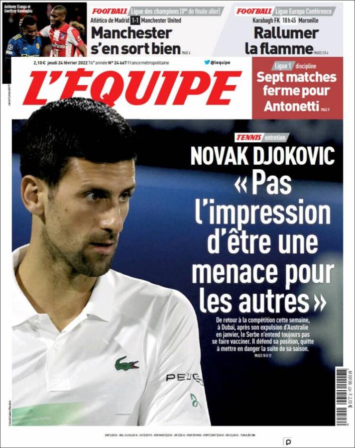 Imagen Djokovic y la entrevista a L´Equipe.