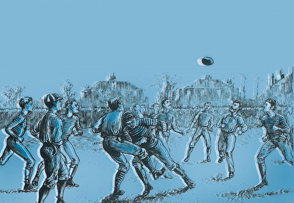 Un grabado del siglo XIX realizado por el ilustrador S. T. Dadd que grafica el fútbol que se practicaba por esos días, aún no del todo independizado del rugby.
