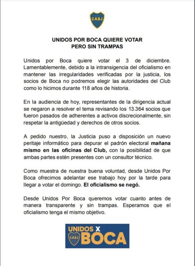 Imagen El comunicado de la oposición en Boca.