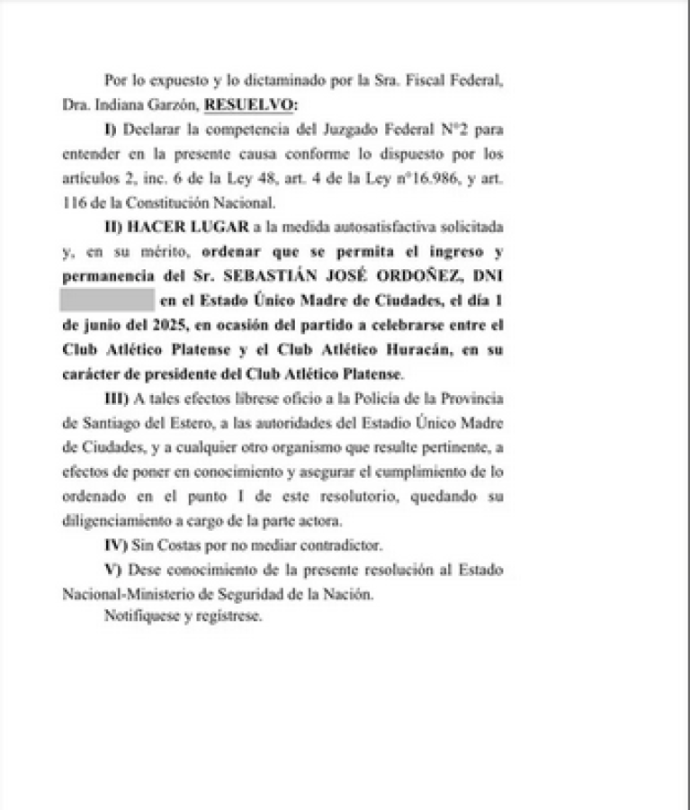Imagen La resolución para que Ordóñez pueda ingresar al estadio.