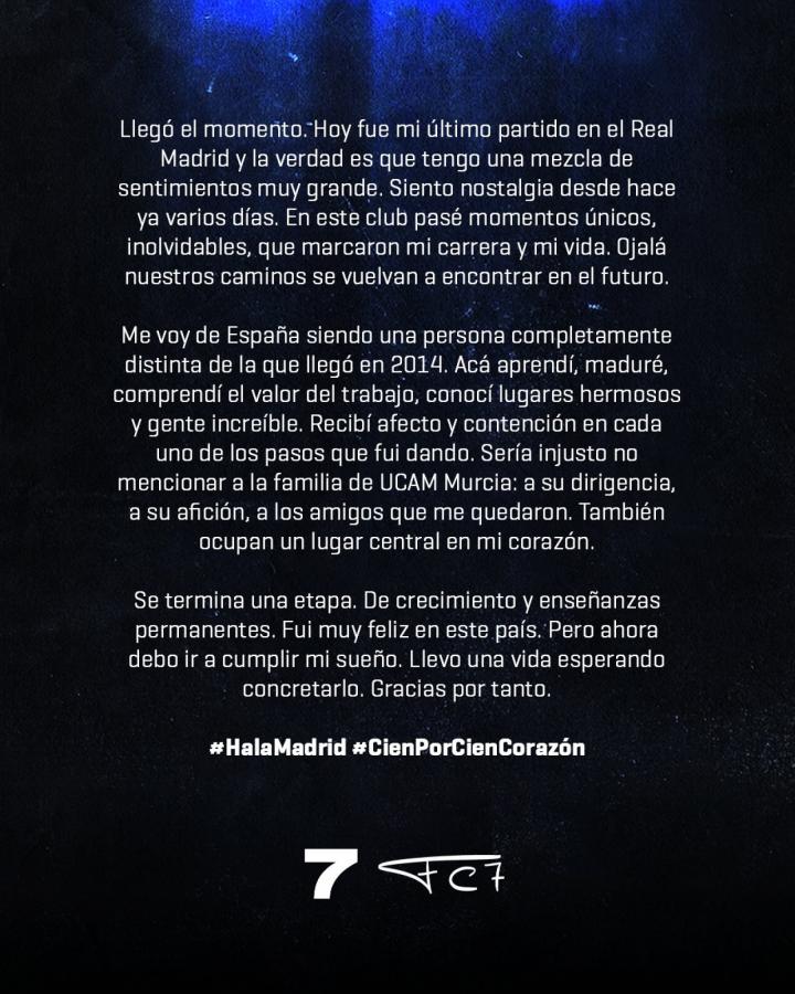 Imagen La emotiva carta de despedida de Campazzo del Real Madrid.