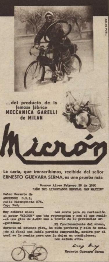 Imagen En la edicion 1606 de El Gráfico, de mayo de 1950, se publicó una carta y una foto de Ernesto Guevara como publicidad de la marca de motores que usó para recorrer en bicicleta doce provincias argentinas. 