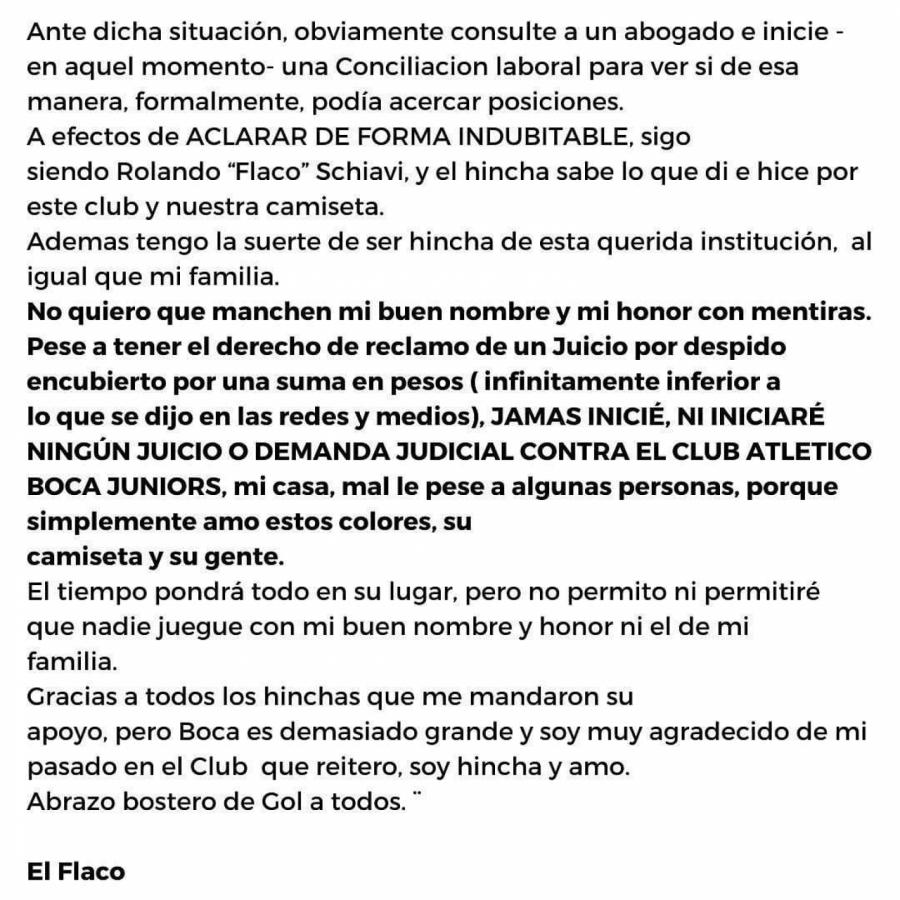 Imagen El comunicado de Rolando Schiavi