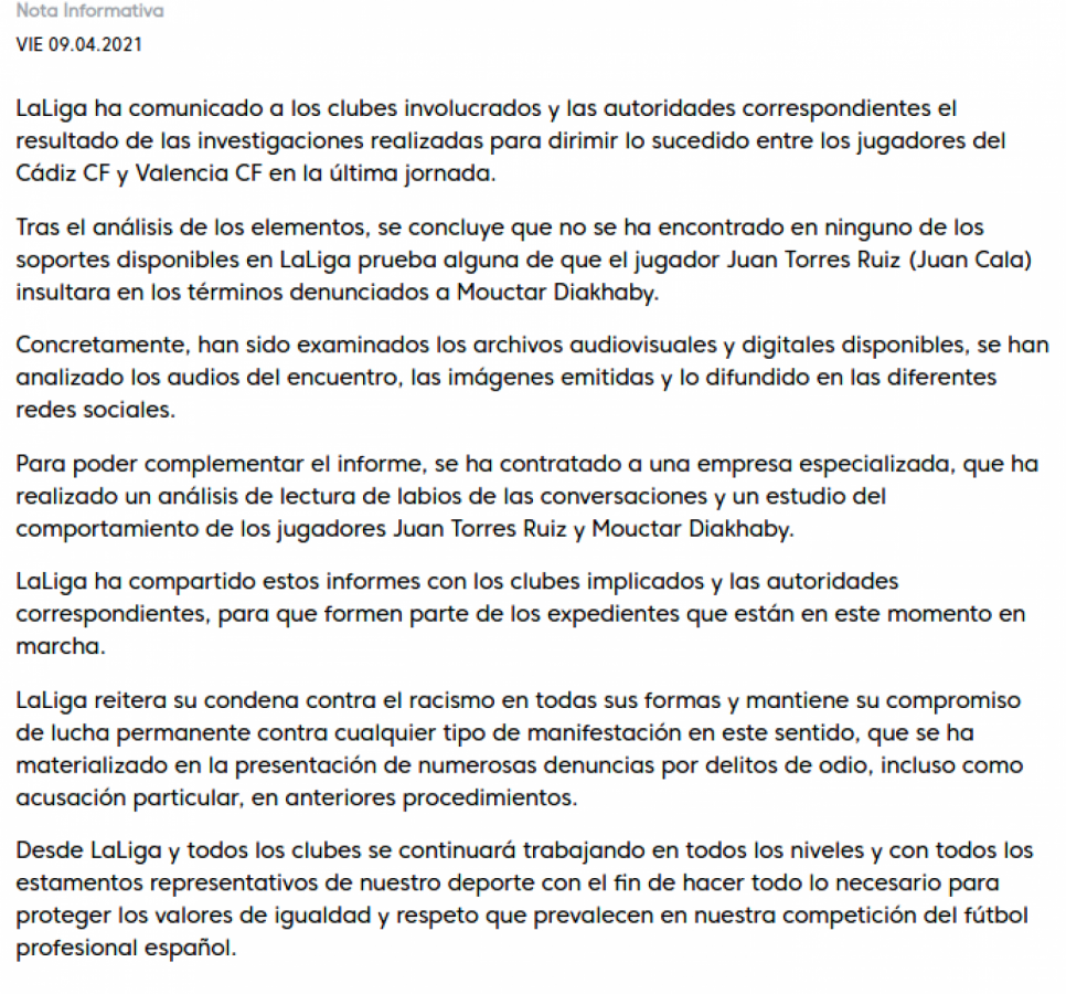 Imagen El comunicado de La Liga española que detalla la investigación realizada.