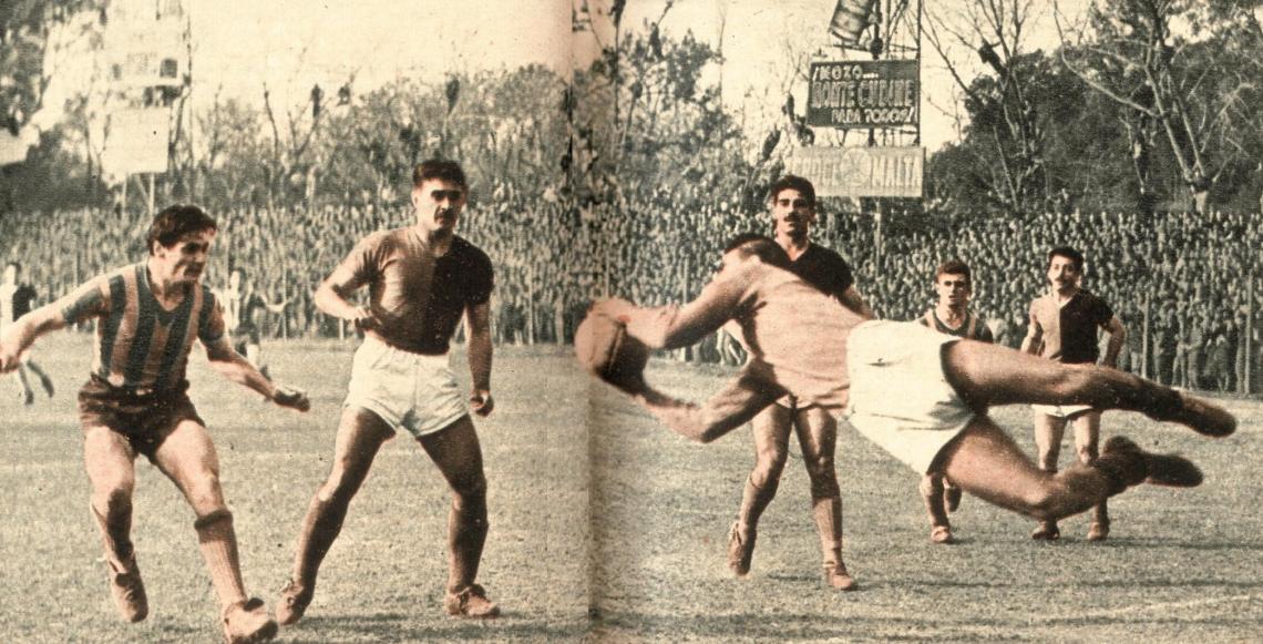 Imagen Espectacular atajada de Musimessi, el arquero que prescinde de las rodilleras, ante un centro de Carnet, que se disponía a rematar el centro delantero Geronis, posteriormente ex-pulsado de la cancha junto con Colman, que aparece a su lado. 