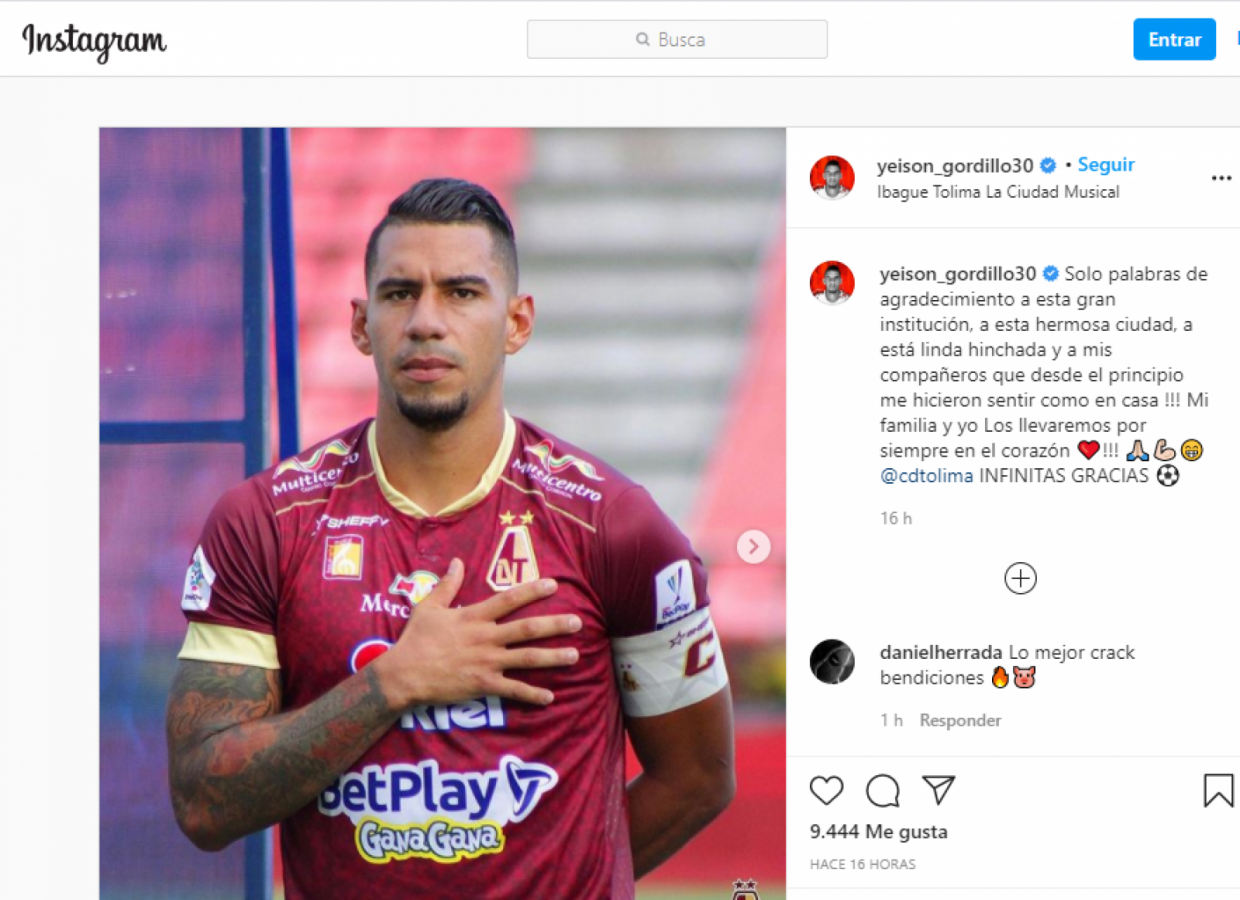 Imagen Yeison Gordillo se despidió del Tolima en Instagram