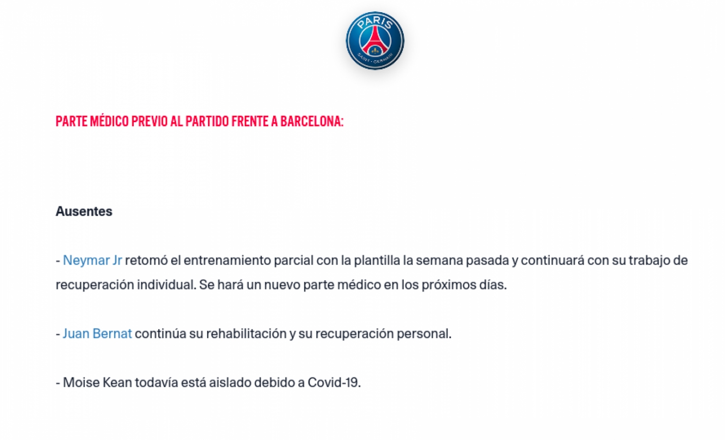 Imagen Parte médico del PSG