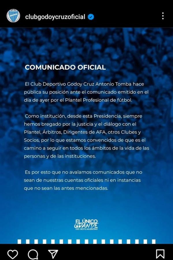 Imagen El comunicado oficial de Godoy Cruz que desautoriza a sus jugadores.