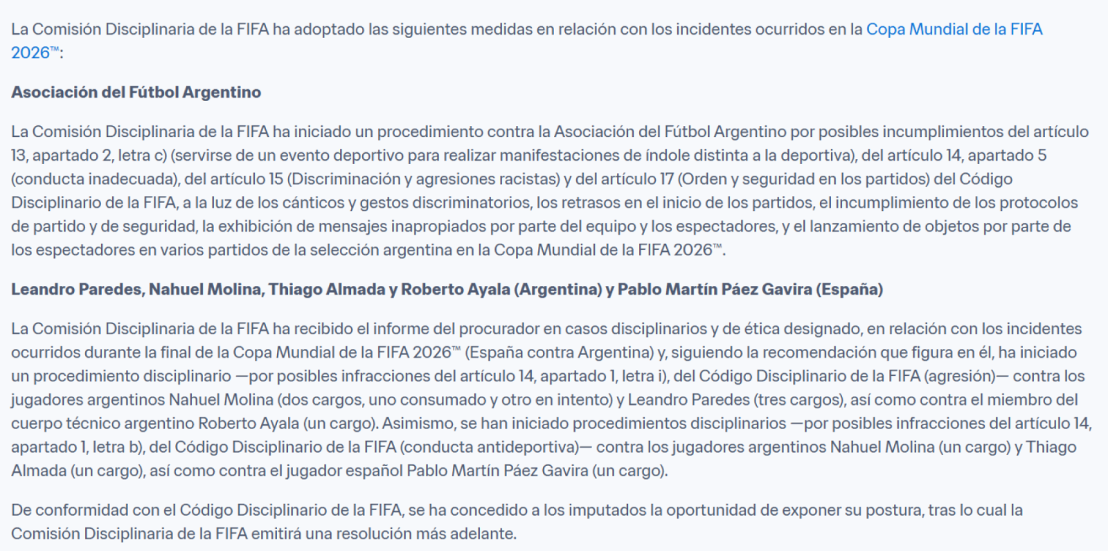 Imagen La Comisión Disciplinaria investiga a la AFA por cuatro artículos vinculados a manifestaciones políticas, conducta inadecuada y discriminación.
