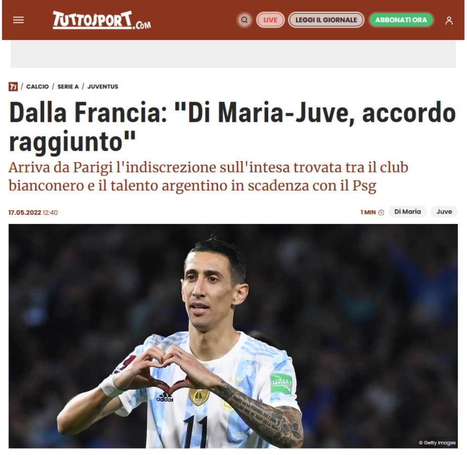 Imagen El diario Tuttosport afirma que Di María llegará a la Juve.