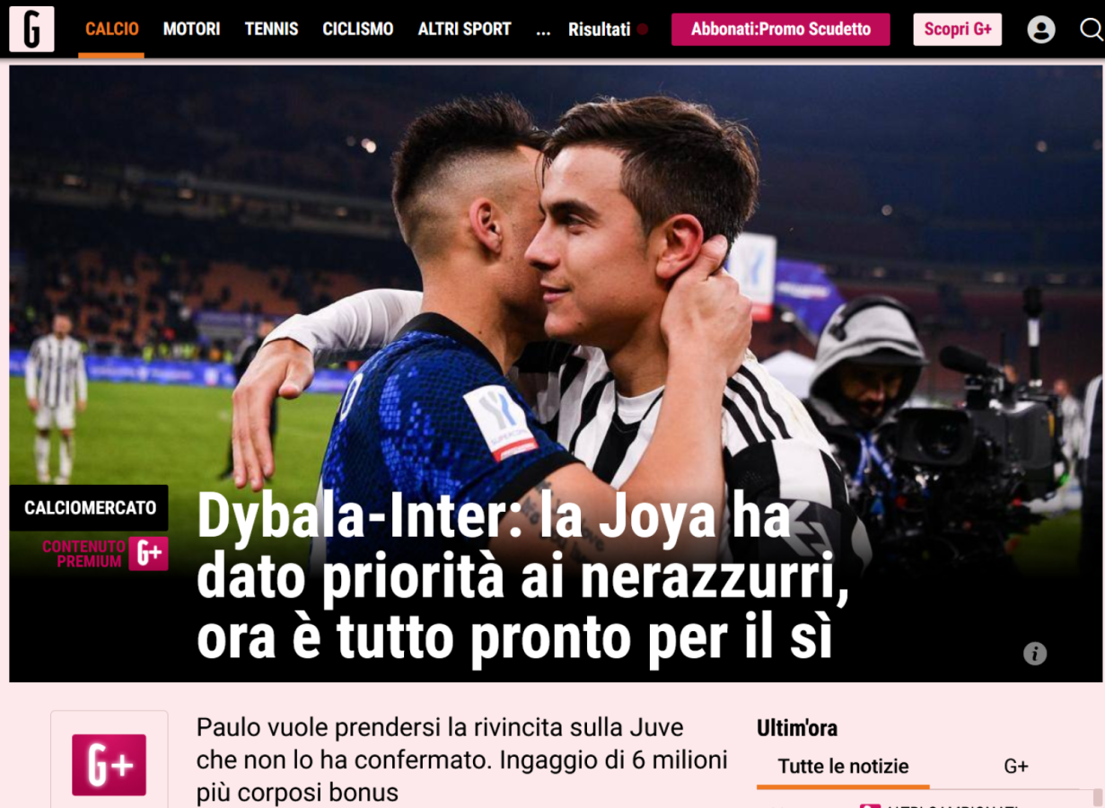 Imagen La Gazzetta afirma que dybala está cerca del Inter.