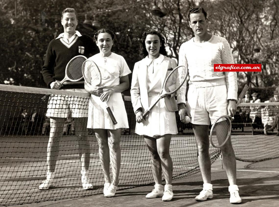 Imagen 1942. 24 de octubre. Junto a su esposo Heraldo Weiss en un partido de dobles mixtos en el que enfrentaron a Enrique Morea y la Sra. de Aguirre.
