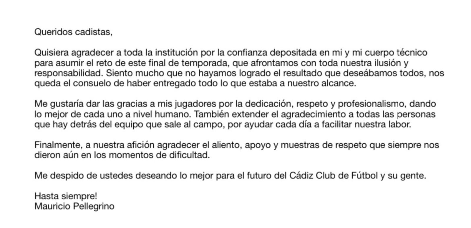 Imagen La carta de Pellegrino para despedirse de Cadiz.