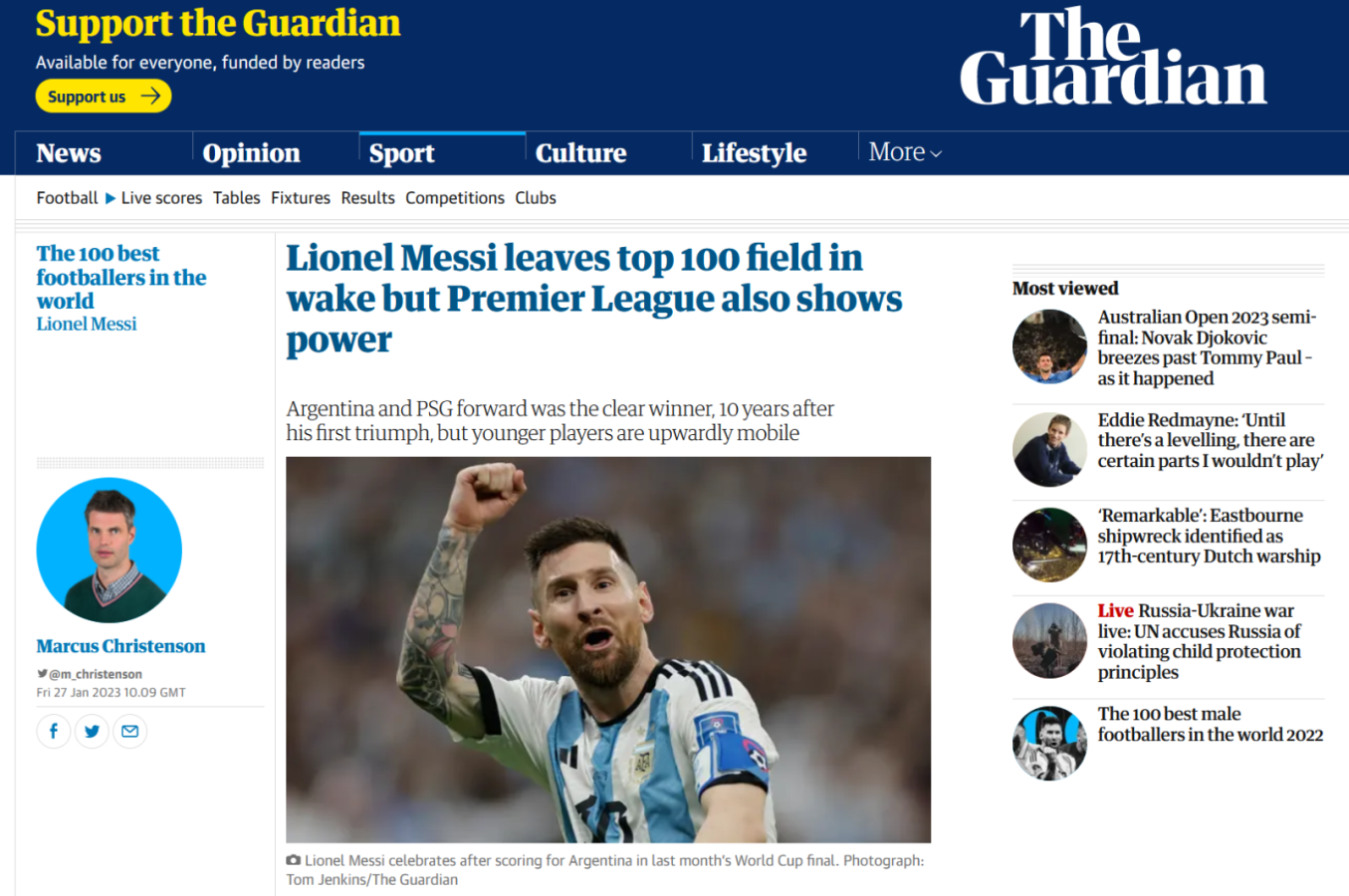 Imagen Messi el mejor jugador del 2022 para The Guardian.