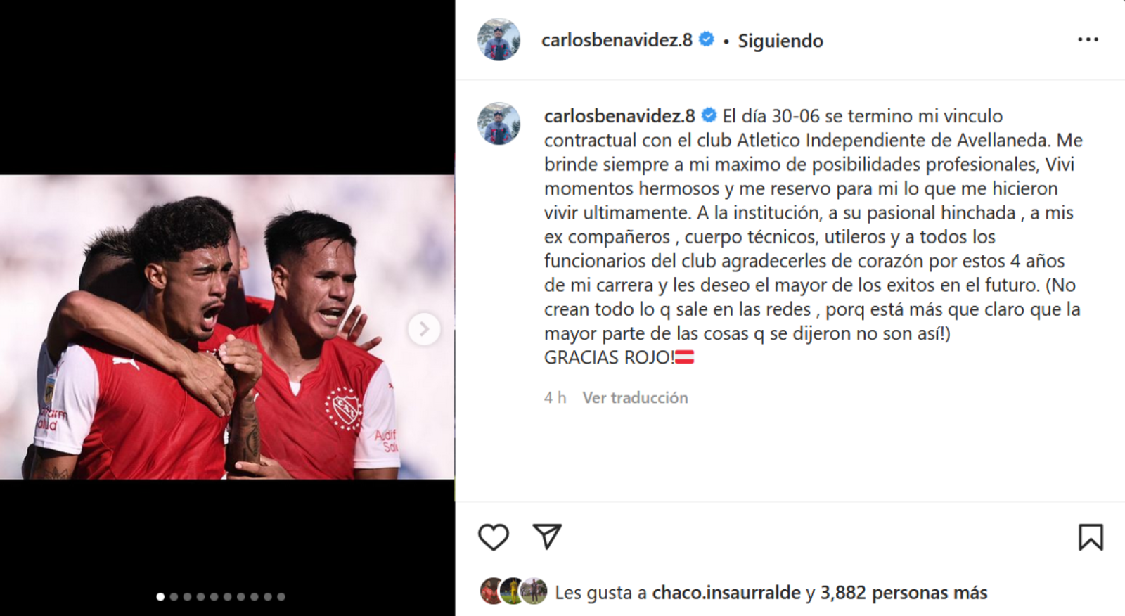 Imagen Benavidez aclaró los tantos es su salida de Independiente.